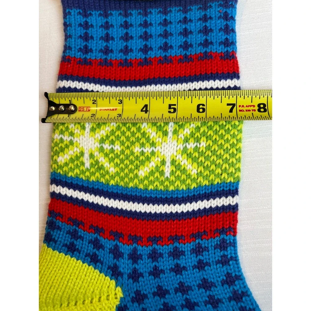 Set of 2 Colorful Knit Christmas Stockings Snowflake Stripes Pink Blue Green